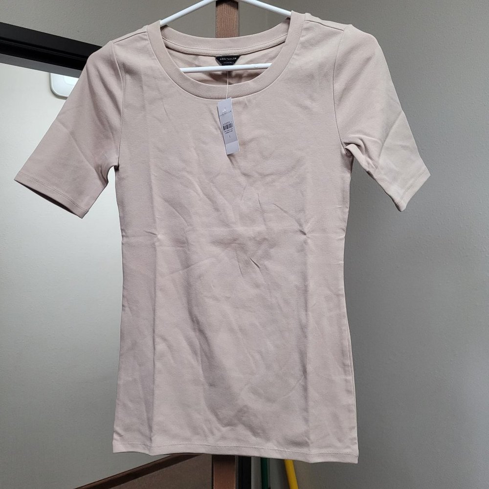 Ann Taylor Cotton Scoop Neck Tee, Tan,S